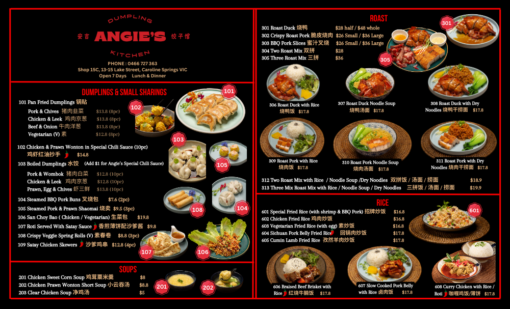 Menu, Angie's Dumpling Kitchen Caroline Springs