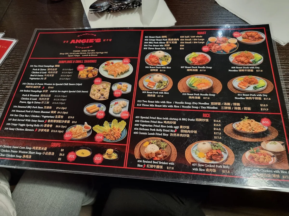 Menu, Angie's Dumpling Kitchen Caroline Springs