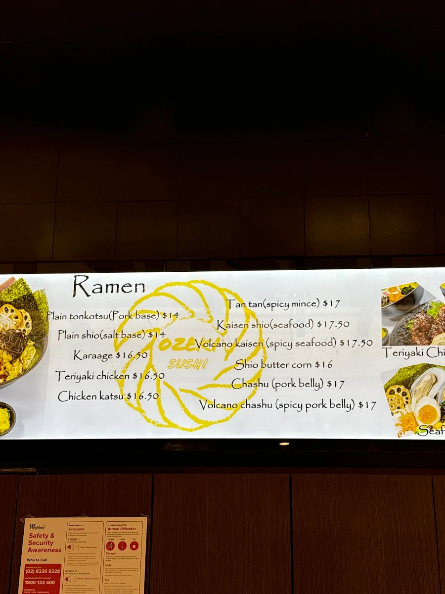 Menu, Ozeki Sushi - Myer Food Court