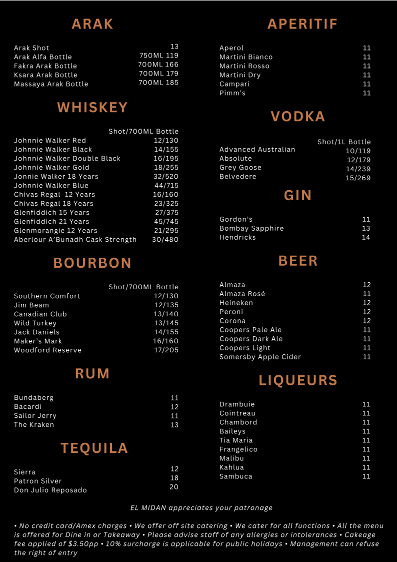 Menu, EL MIDAN Lebanese Restaurant