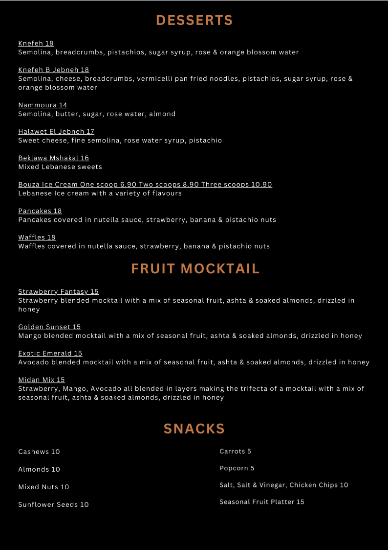 Menu, EL MIDAN Lebanese Restaurant
