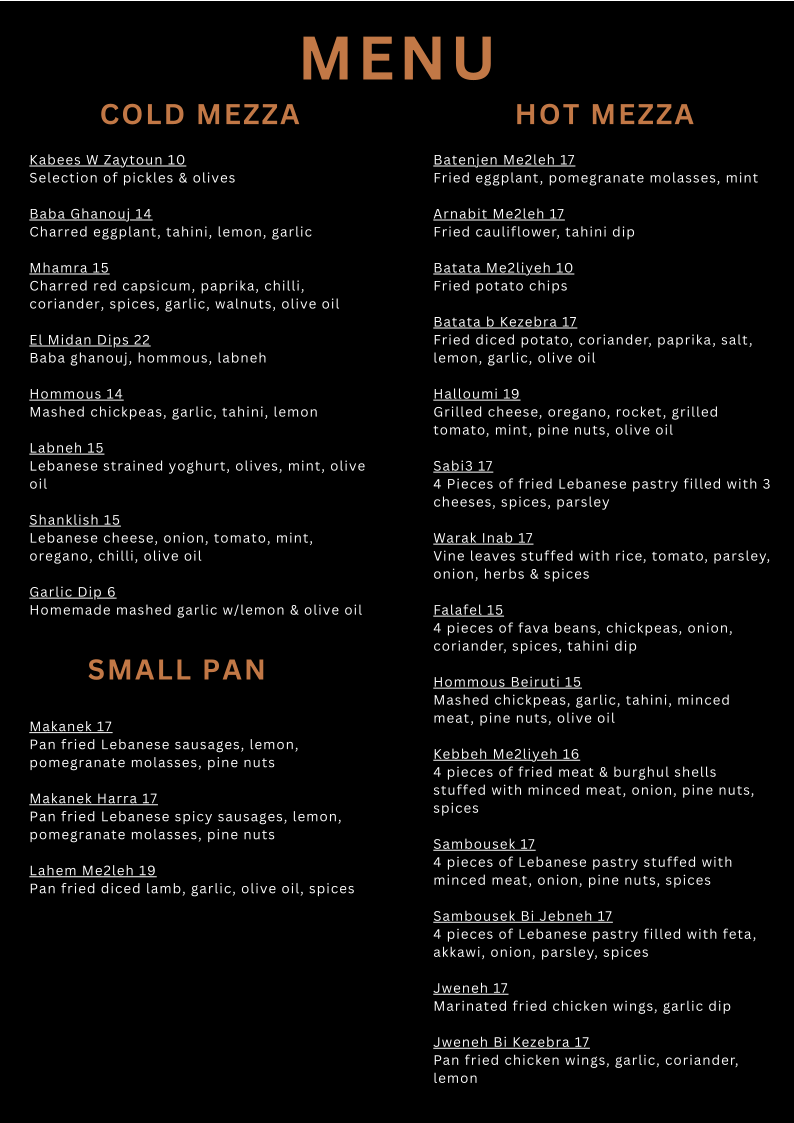 Menu, EL MIDAN Lebanese Restaurant