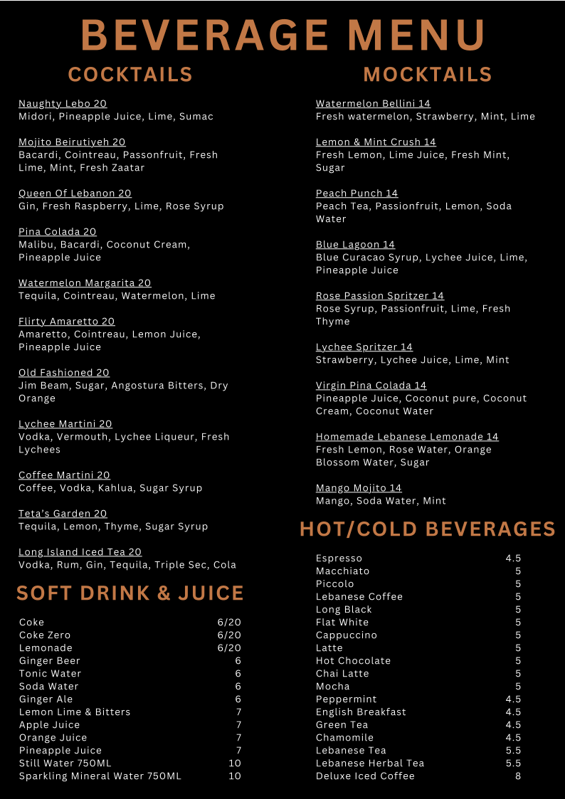 Menu, EL MIDAN Lebanese Restaurant