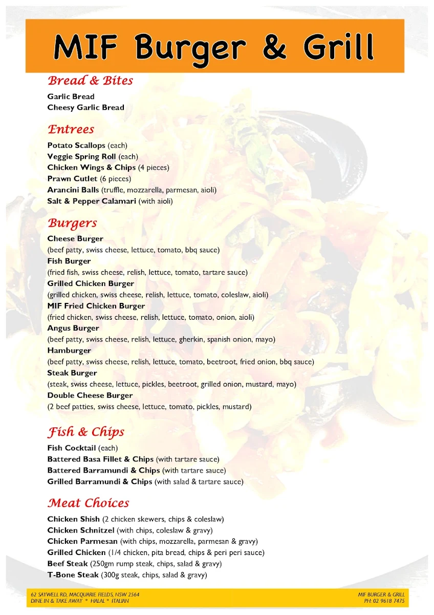 Menu, MIF Burger & Grill