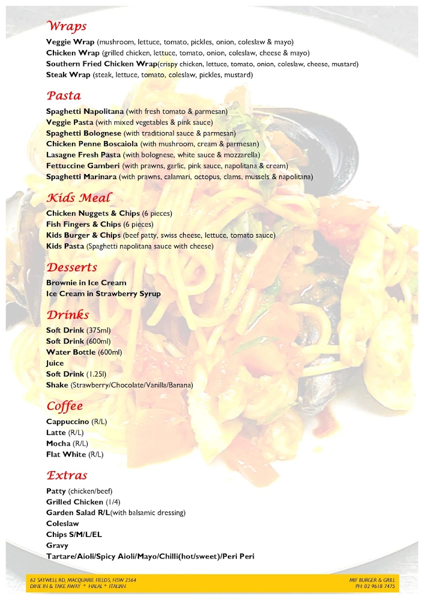 Menu, MIF Burger & Grill