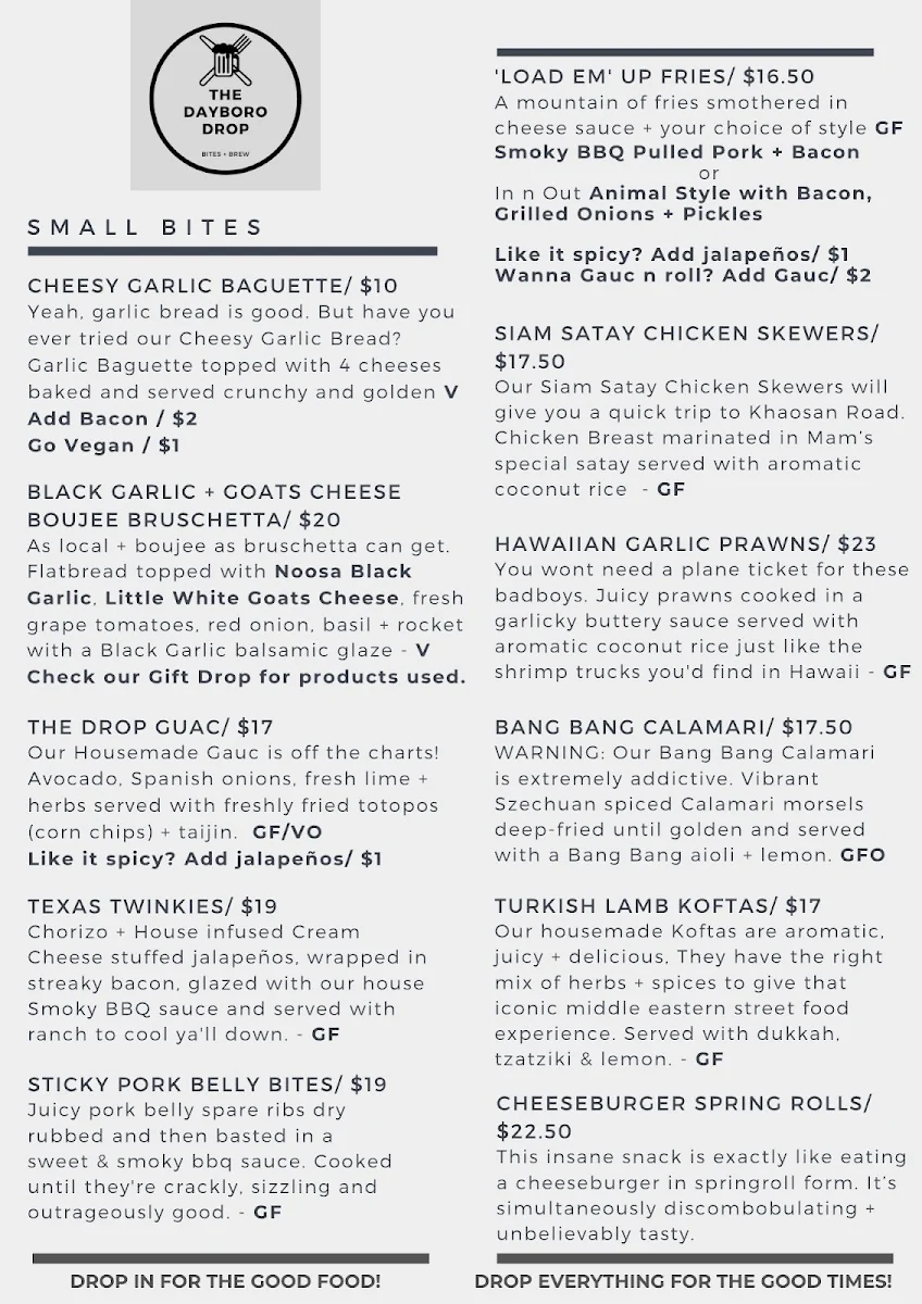 Menu, The Dayboro Drop
