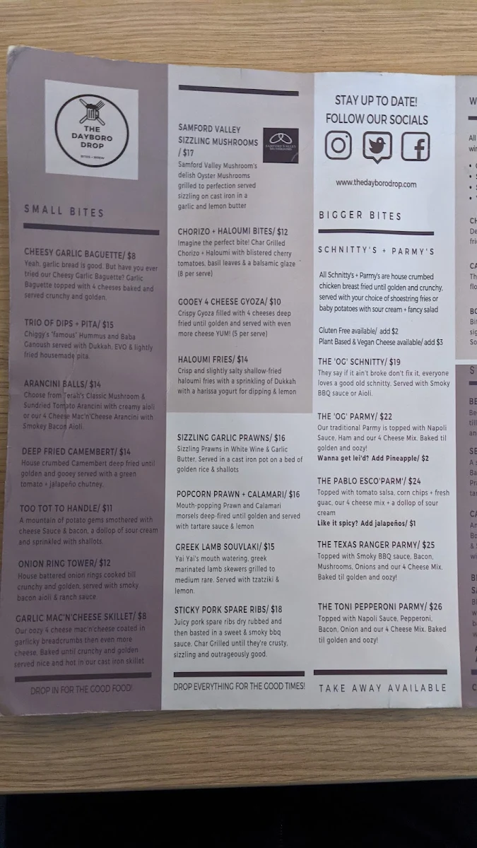 Menu, The Dayboro Drop