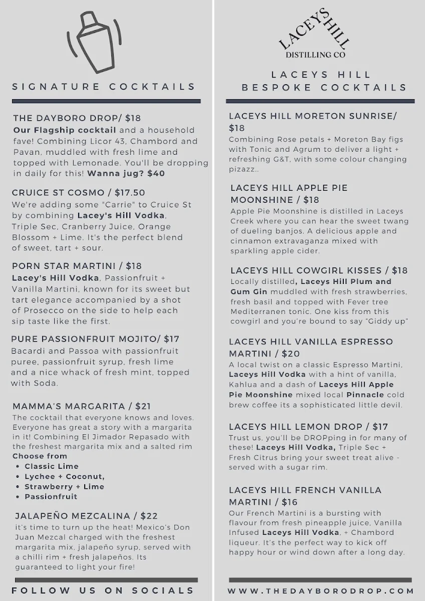 Menu, The Dayboro Drop
