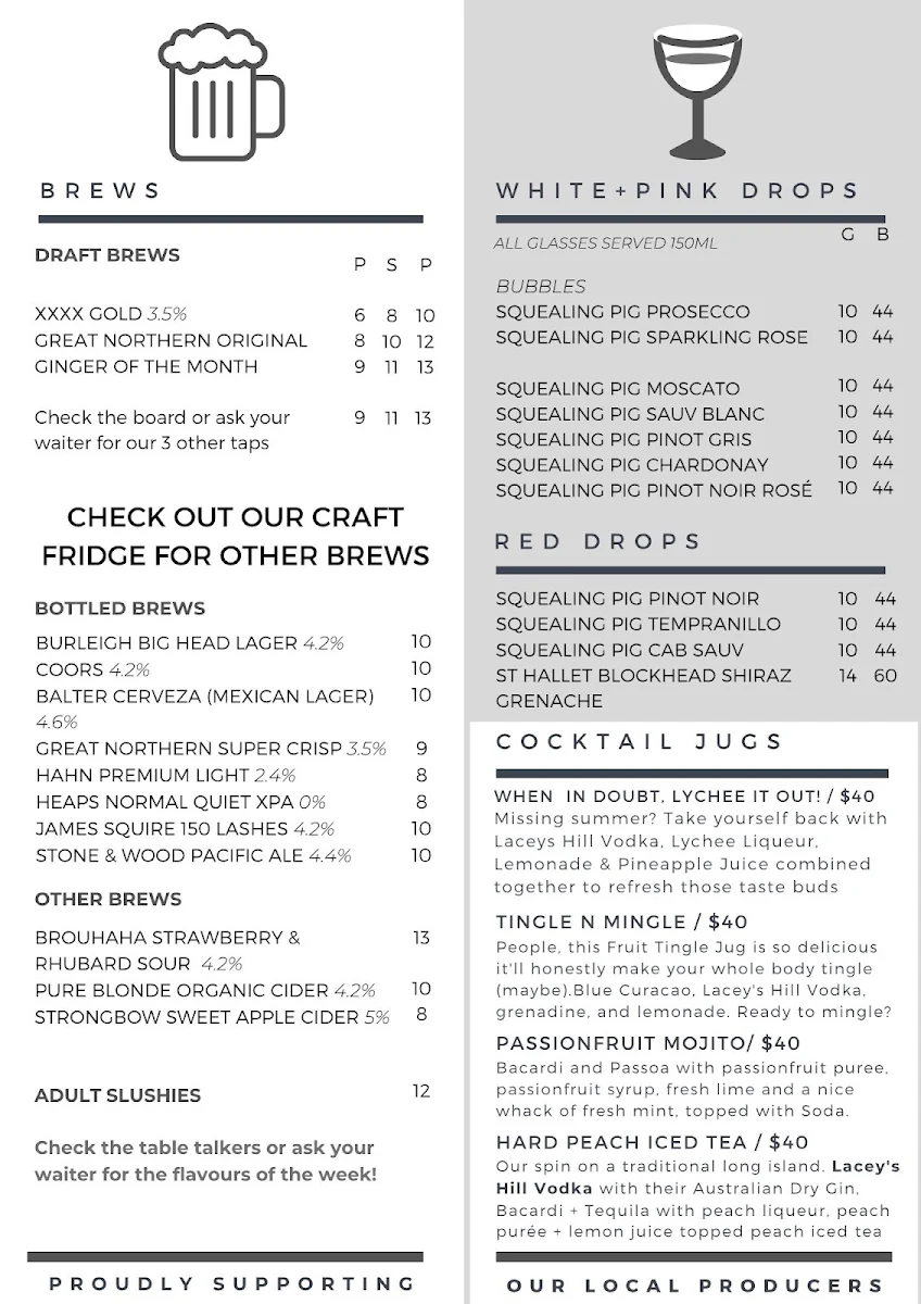 Menu, The Dayboro Drop