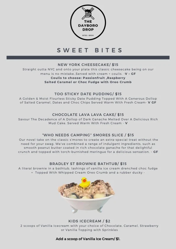 Menu, The Dayboro Drop