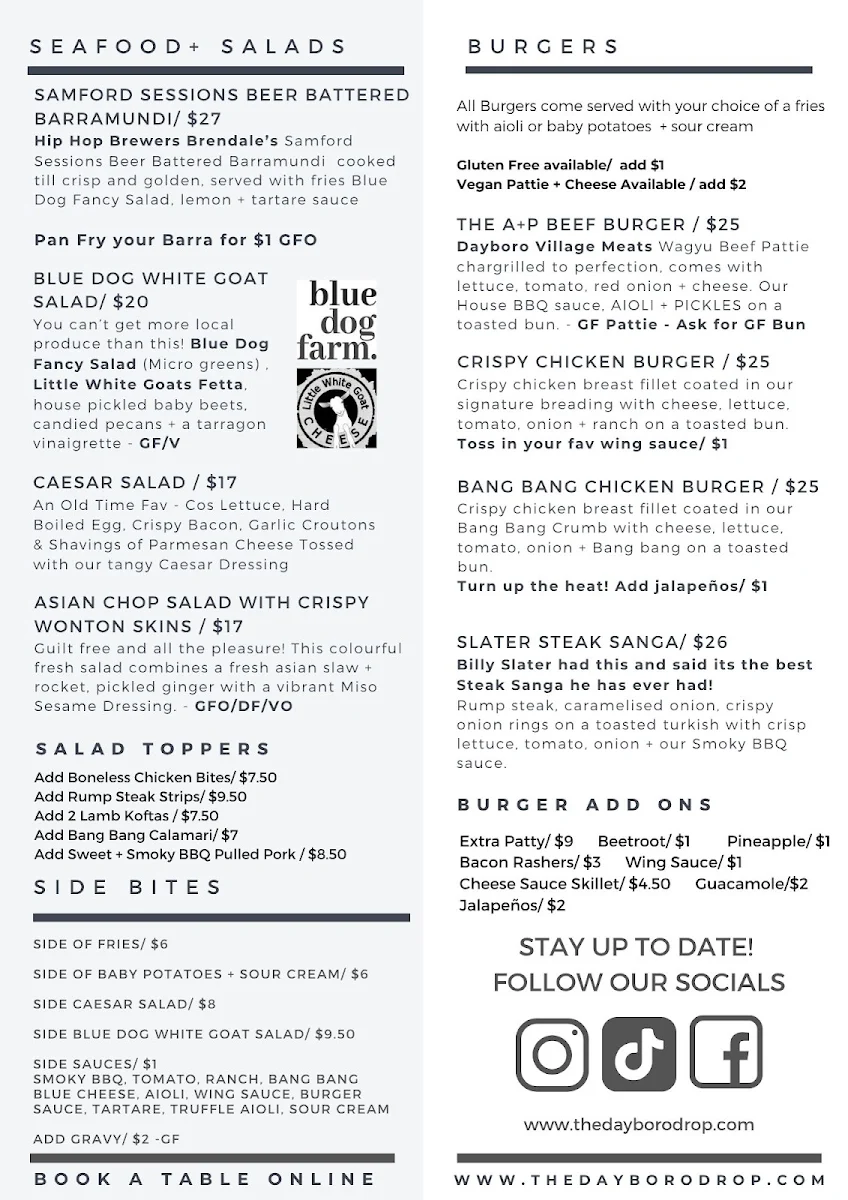 Menu, The Dayboro Drop
