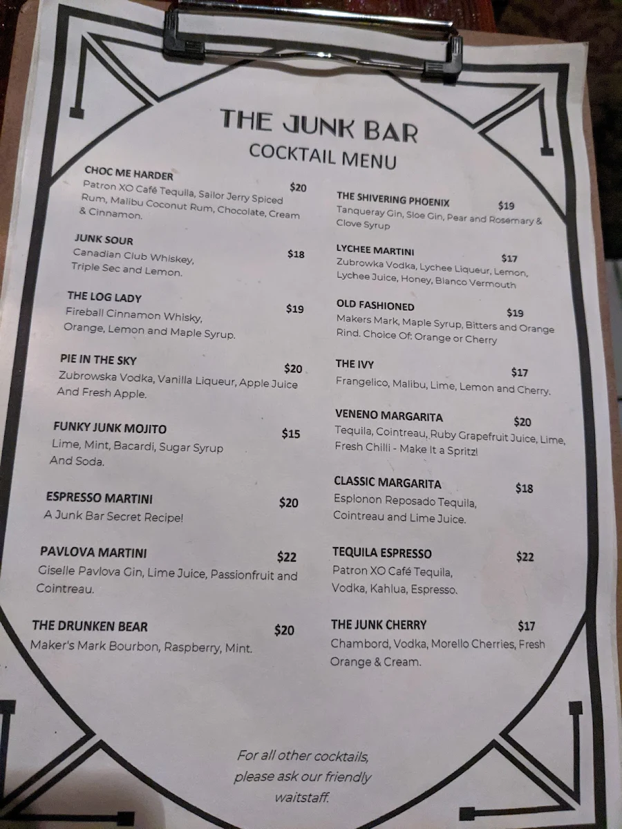 Menu, The Junk Bar