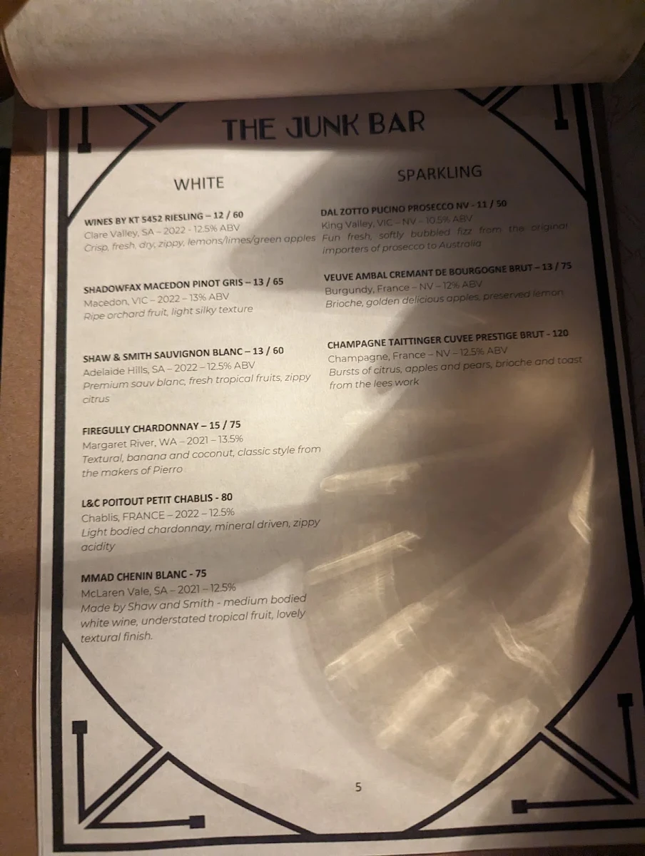Menu, The Junk Bar