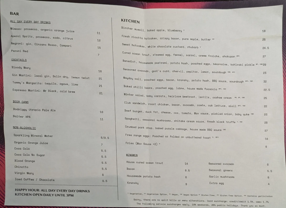 Menu, Maverick
