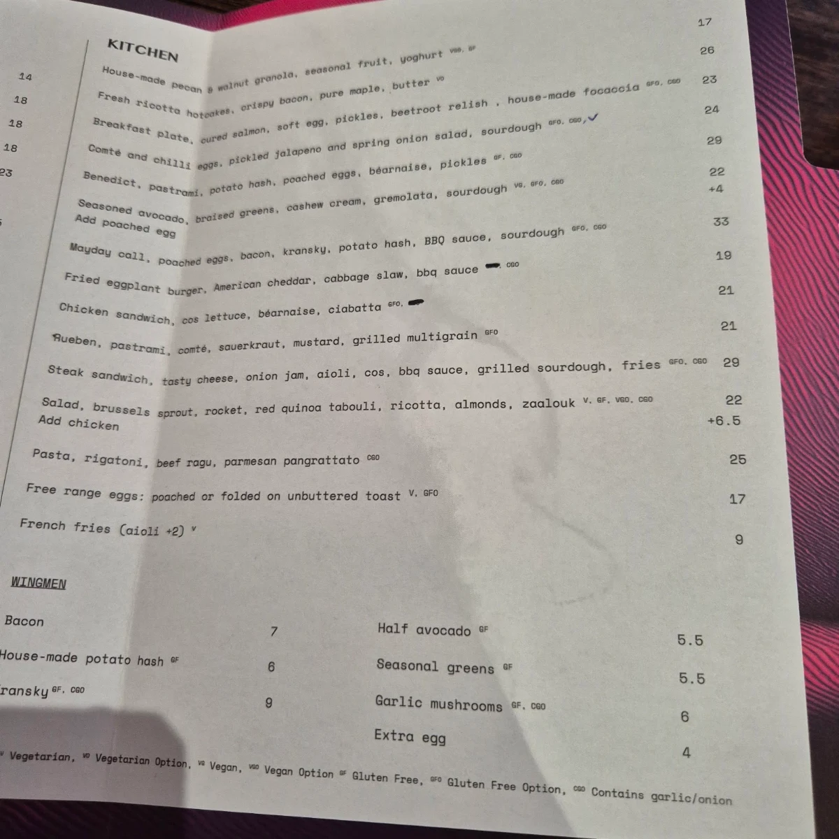 Menu, Maverick