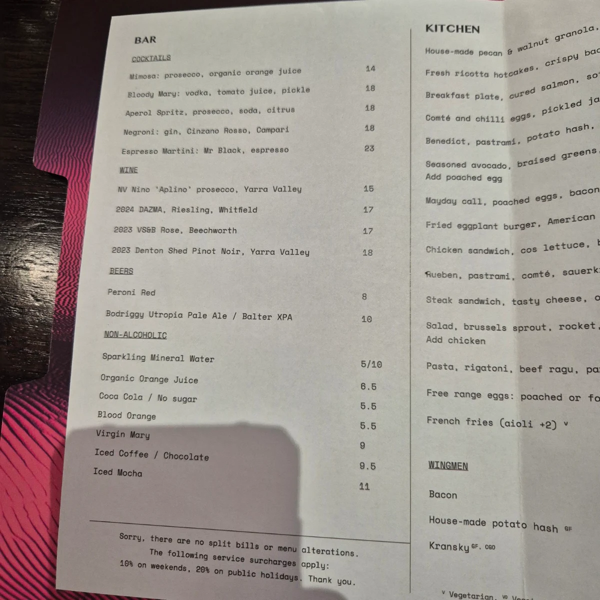 Menu, Maverick