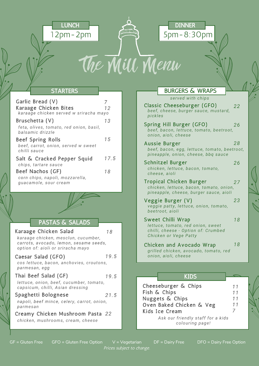 Menu, The Mill Hotel Bar
