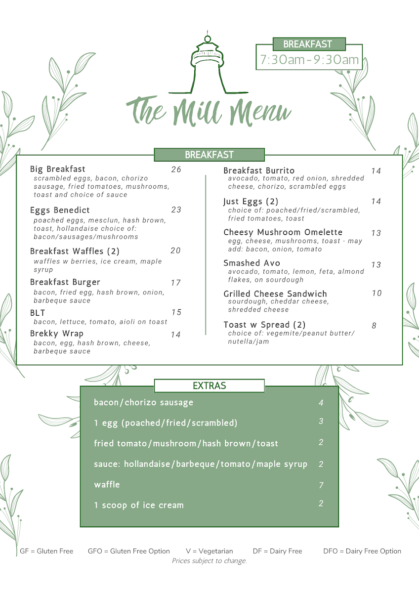 Menu, The Mill Hotel Bar