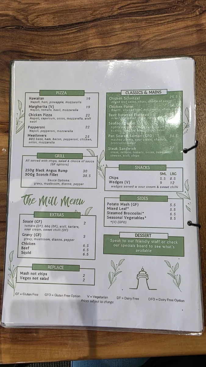 Menu, The Mill Hotel Bar