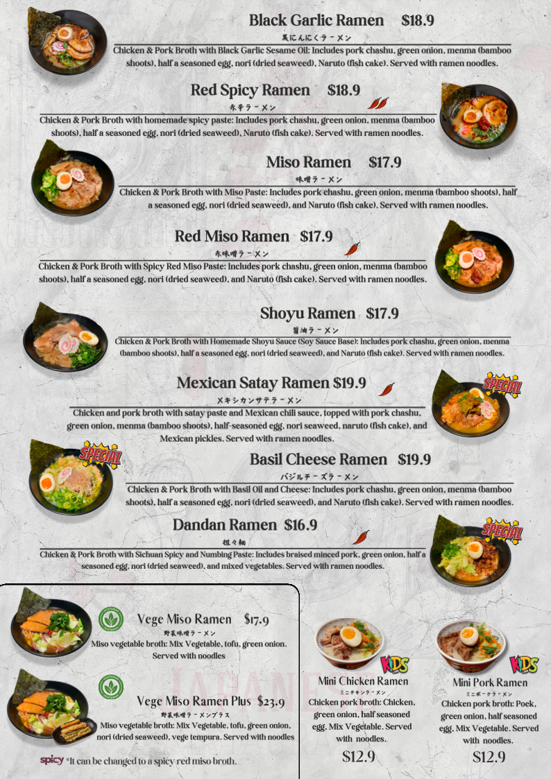 Menu, Katana Ramen