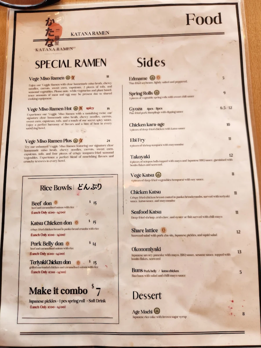 Menu, Katana Ramen