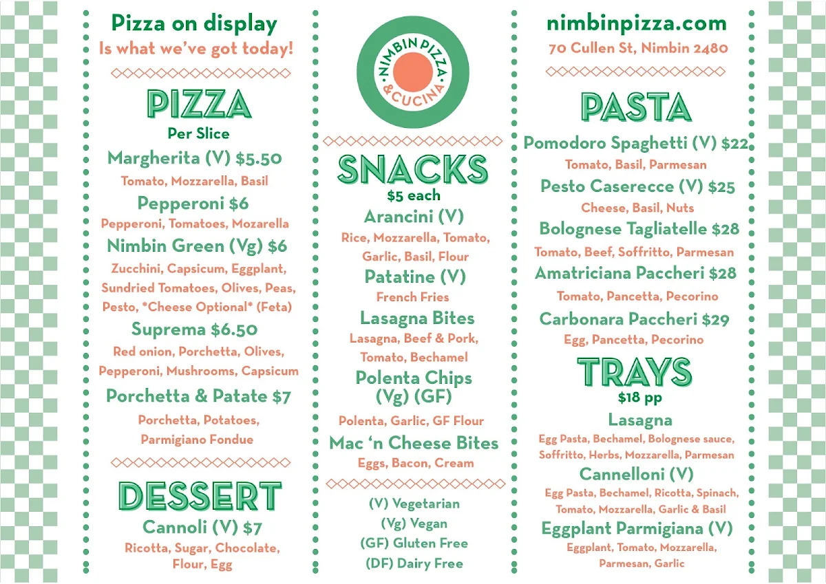 Menu, Nimbin Pizza & Cucina