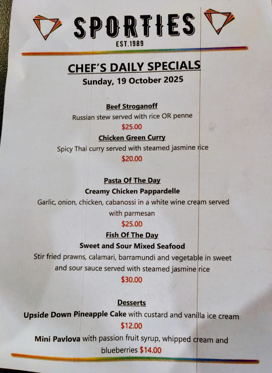 Menu, Sportsman Hotel