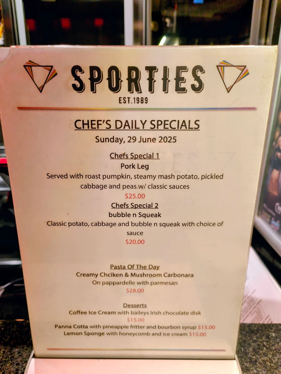 Menu, Sportsman Hotel