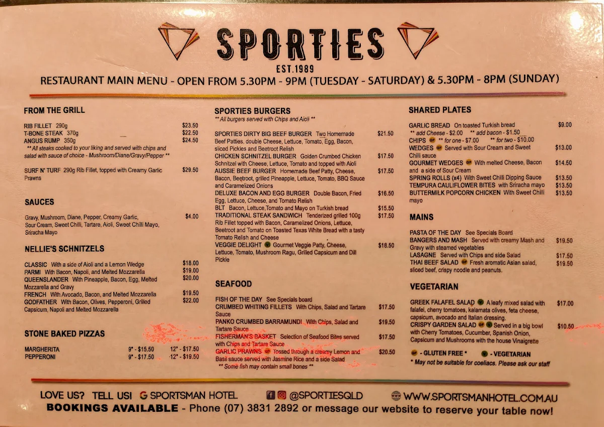Menu, Sportsman Hotel