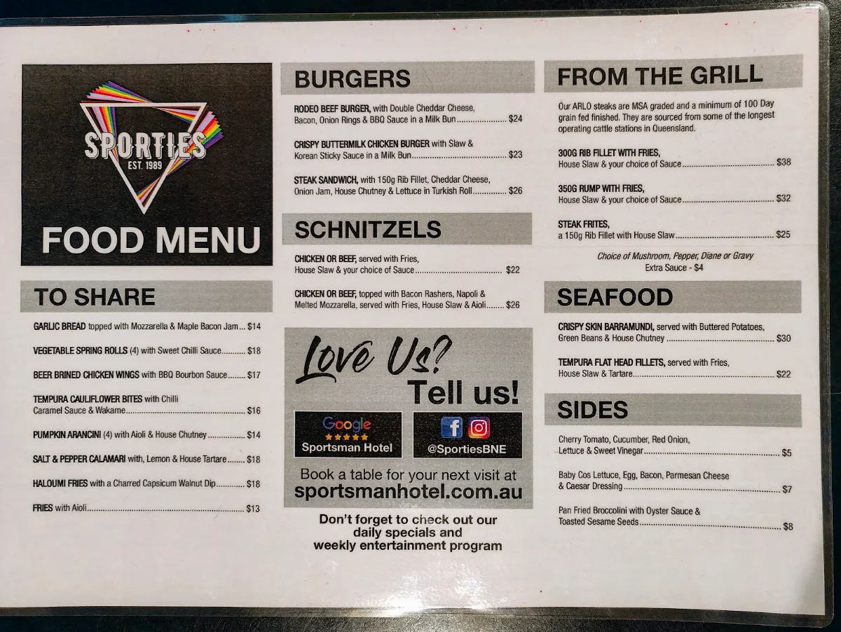 Menu, Sportsman Hotel
