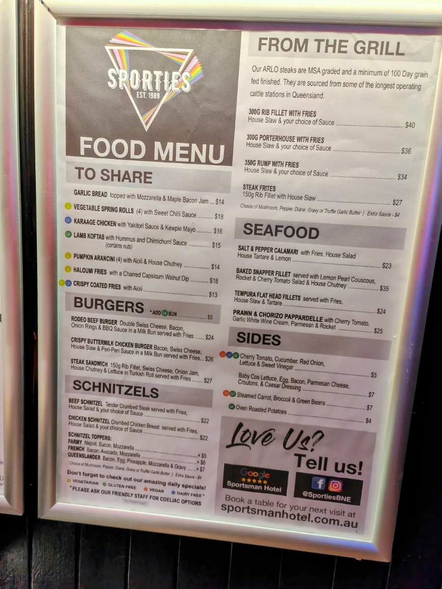 Menu, Sportsman Hotel