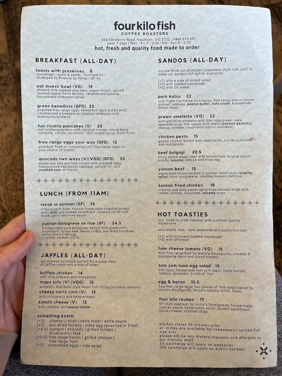 Menu, Four Kilo Fish Coffee & Tea