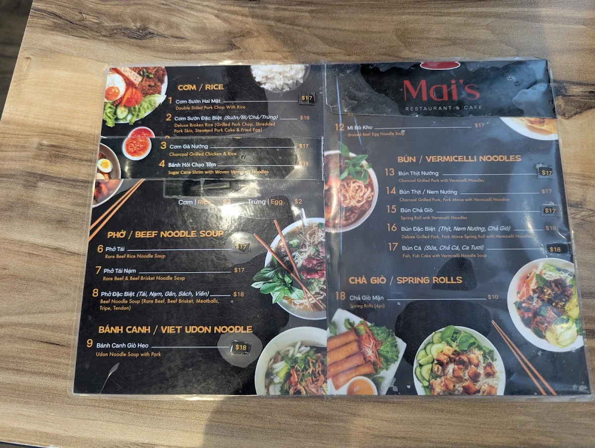 Menu, Mai's Restaurant & Cafe
