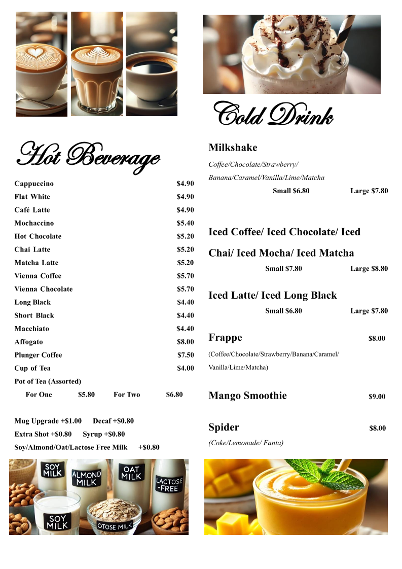 Menu, Angs Coffee & Special Teas