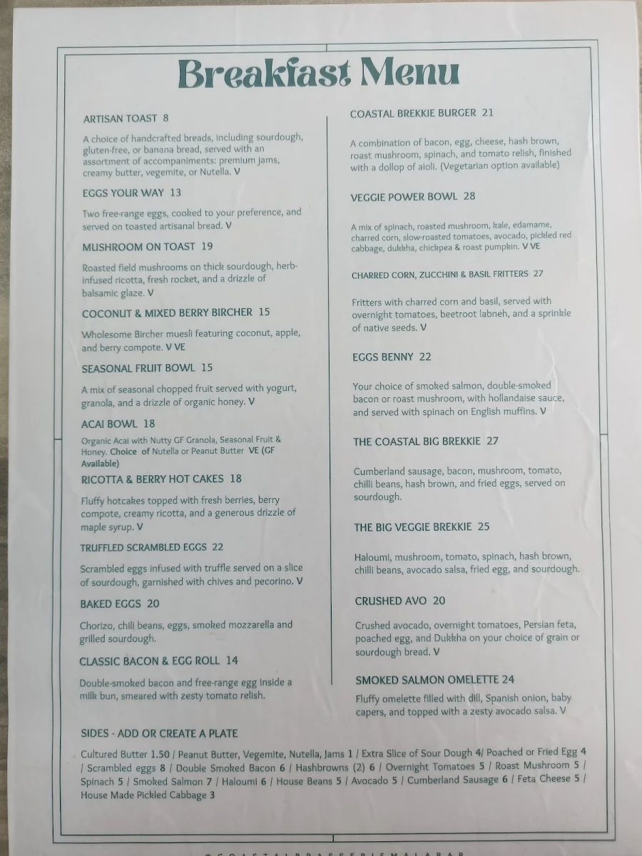 Menu, Coastal Brasserie Malabar