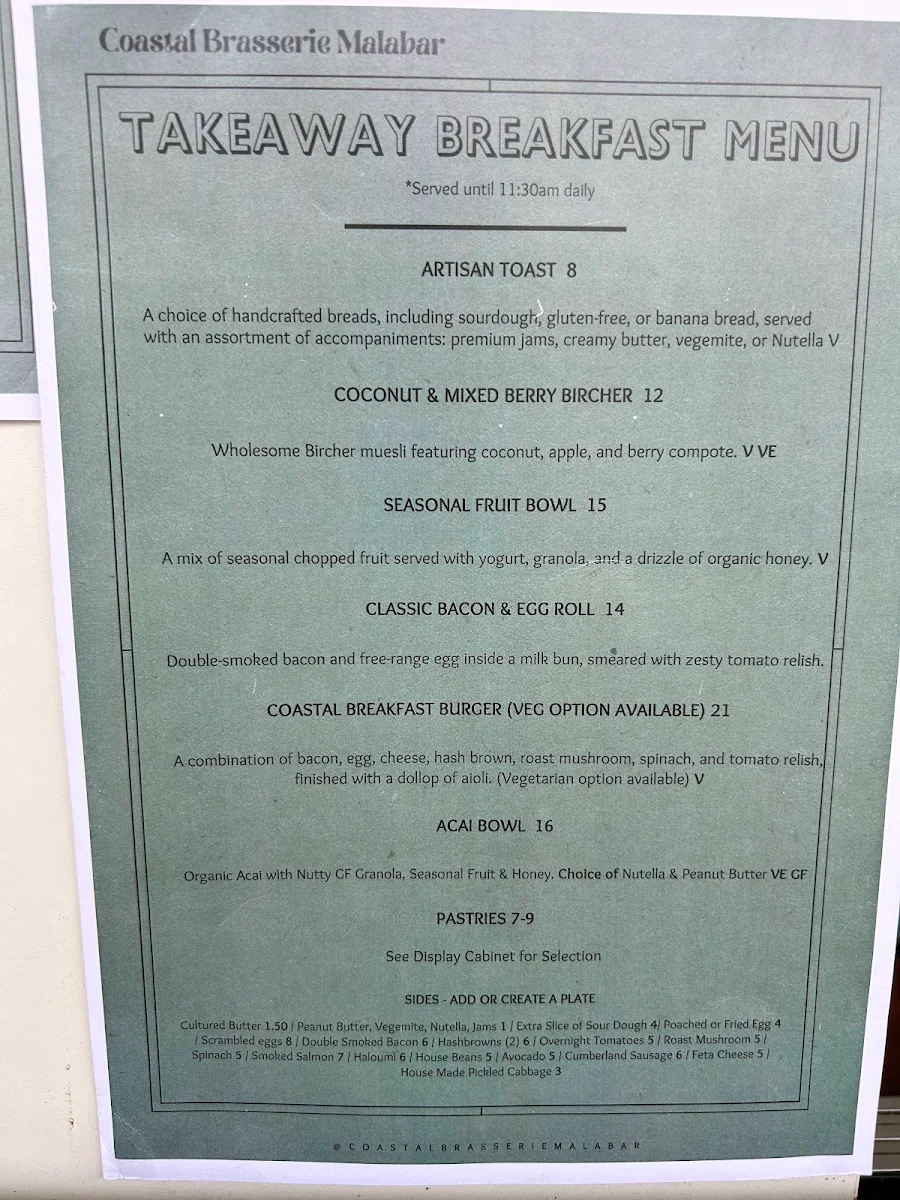 Menu, Coastal Brasserie Malabar