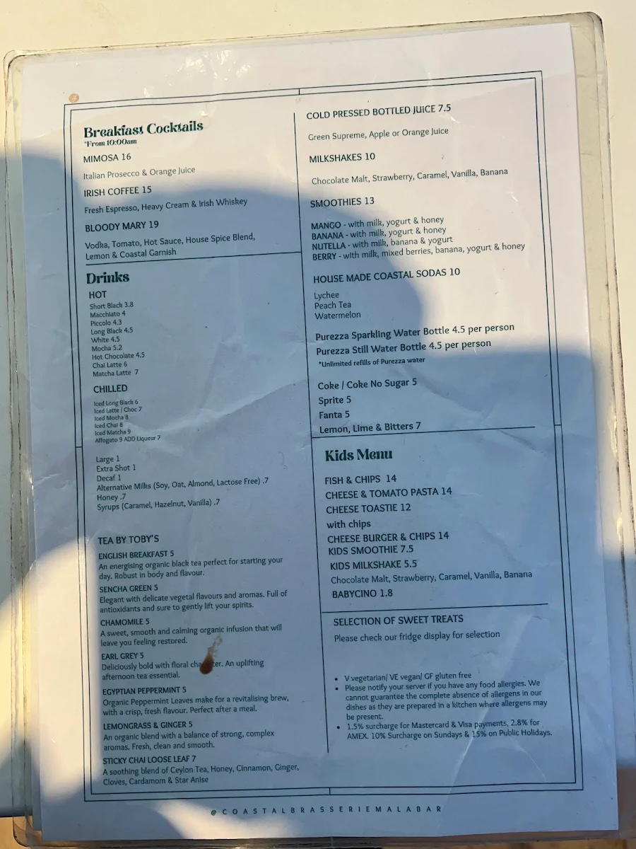 Menu, Coastal Brasserie Malabar