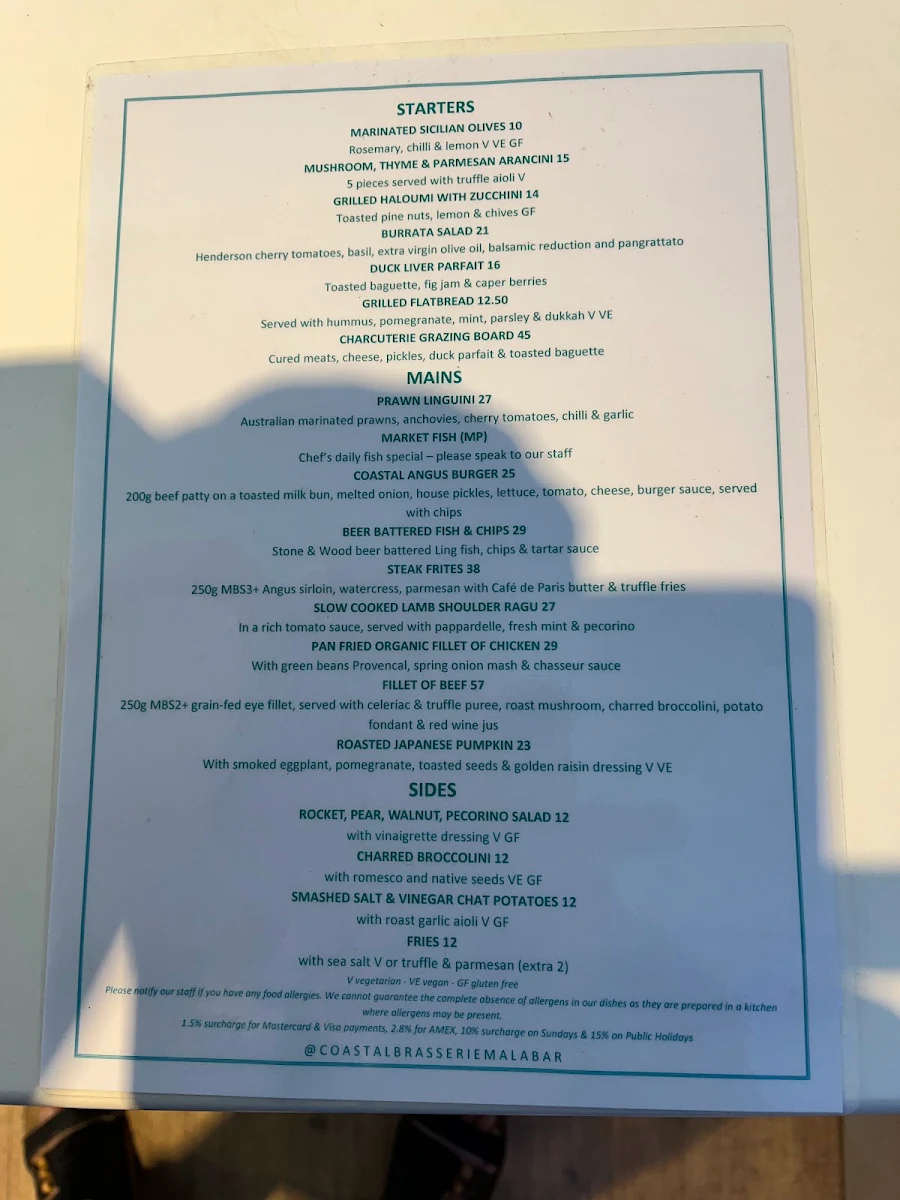 Menu, Coastal Brasserie Malabar