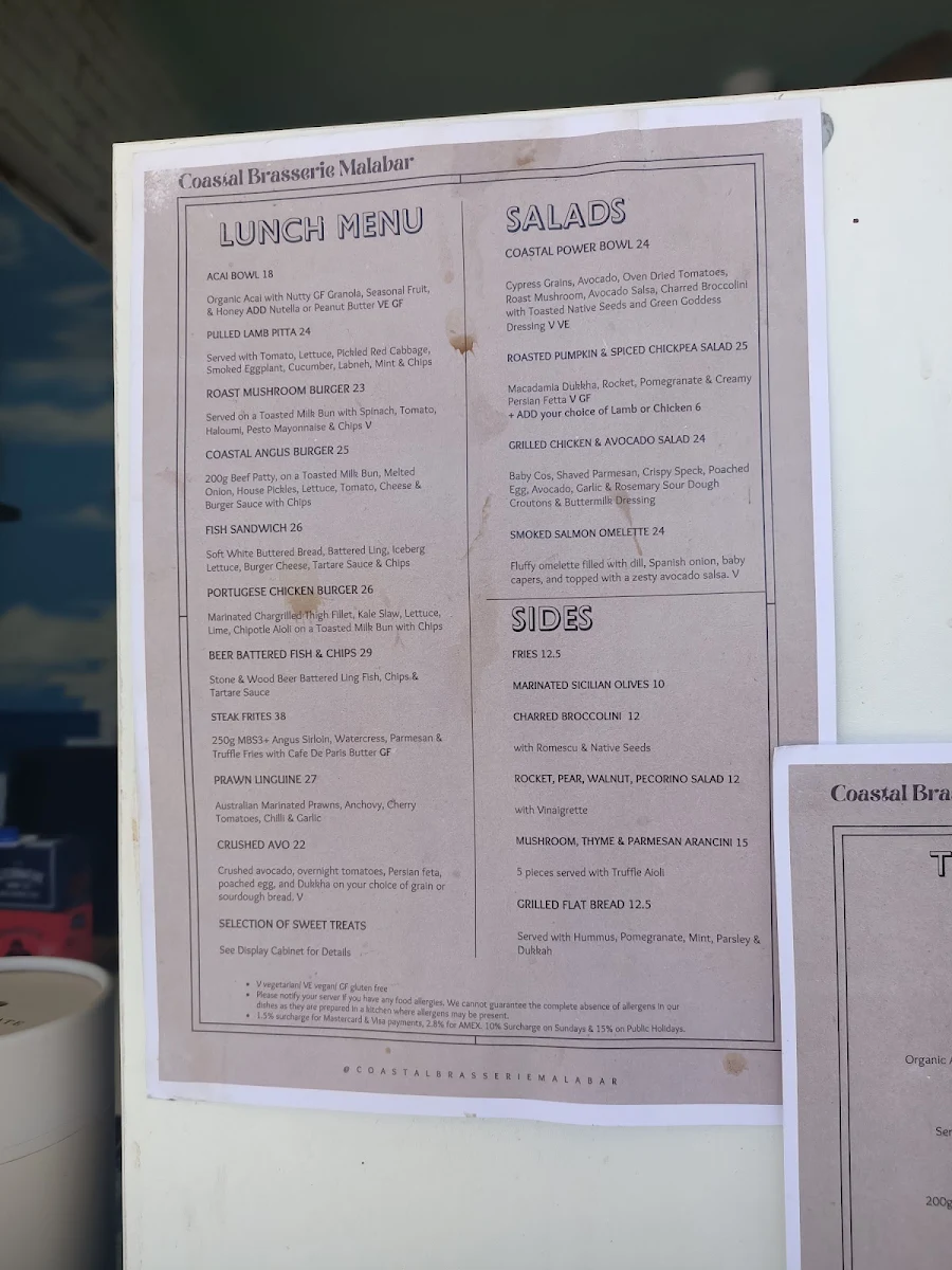 Menu, Coastal Brasserie Malabar