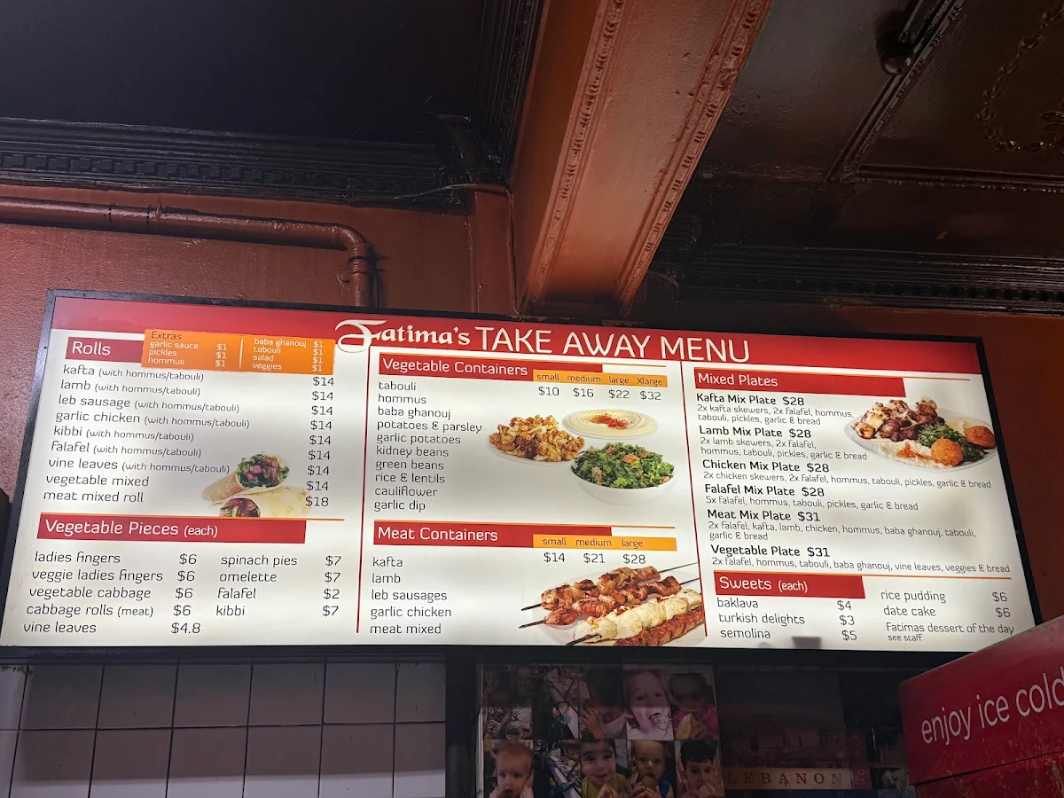 Menu, Fatima's Lebanese Restaurant