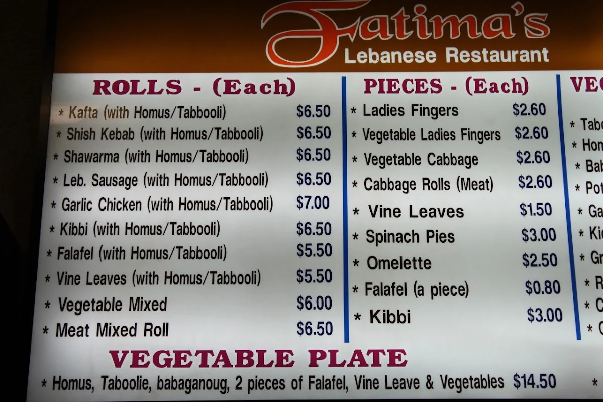 Menu, Fatima's Lebanese Restaurant