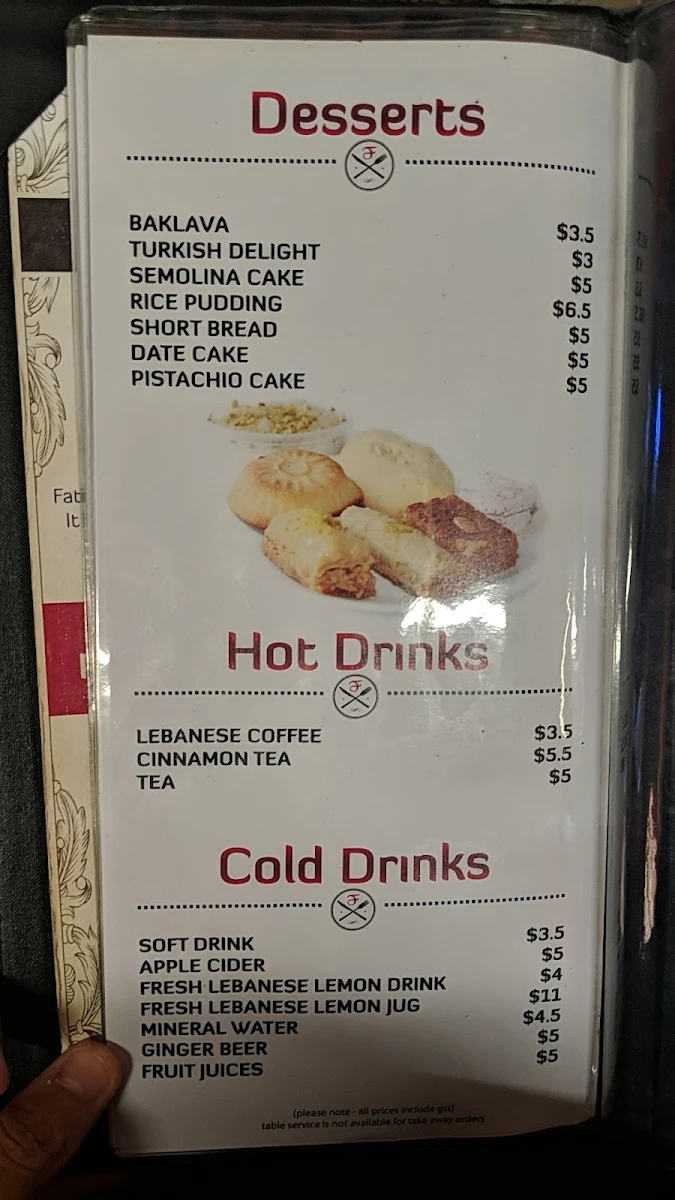 Menu, Fatima's Lebanese Restaurant