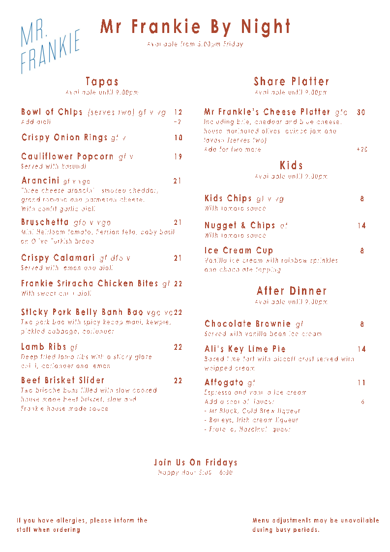 Menu, Mr Frankie