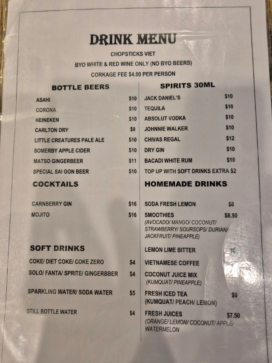 Menu, Chopsticks Viet Restaurant