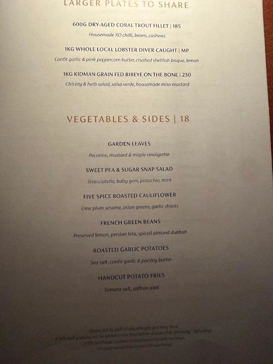 Menu, Pavilion Beachfront
