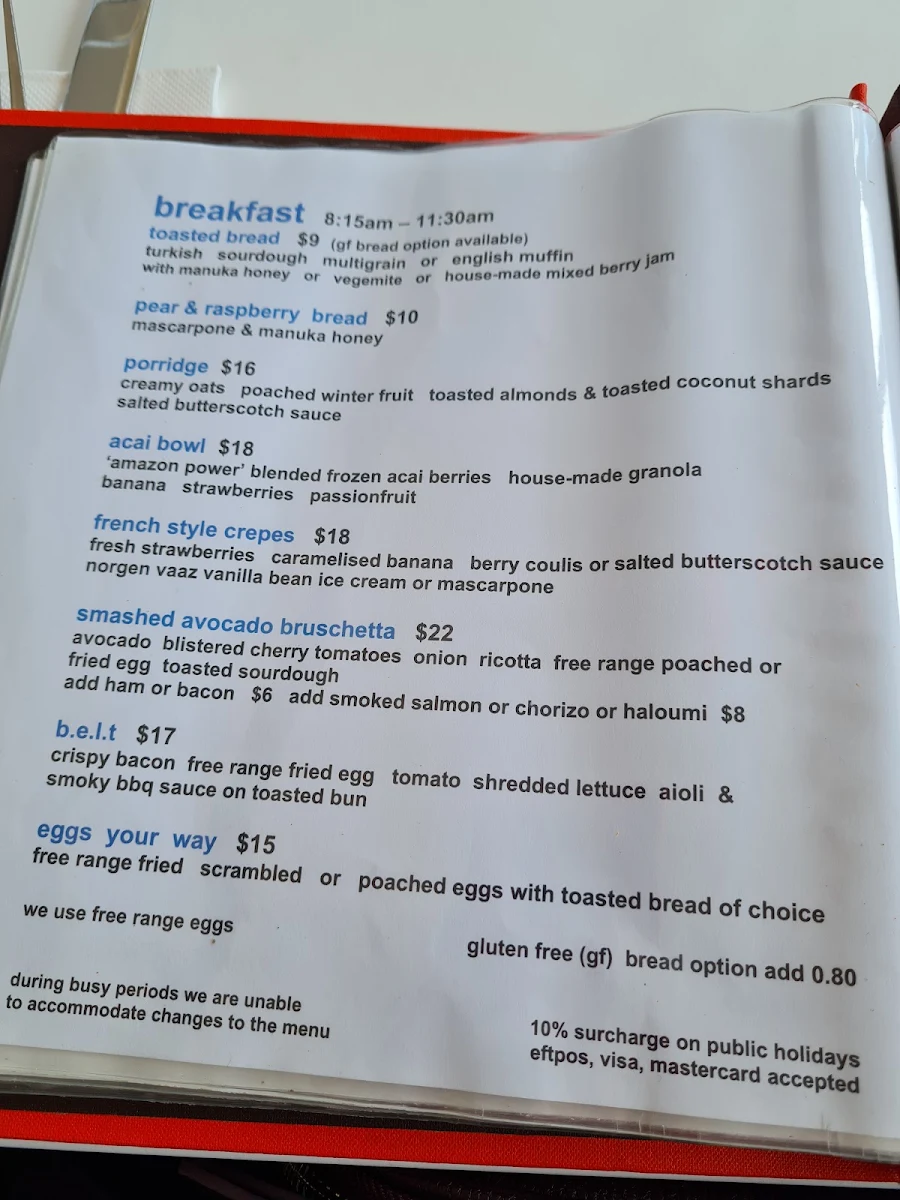 Menu, Pavilion Beachfront
