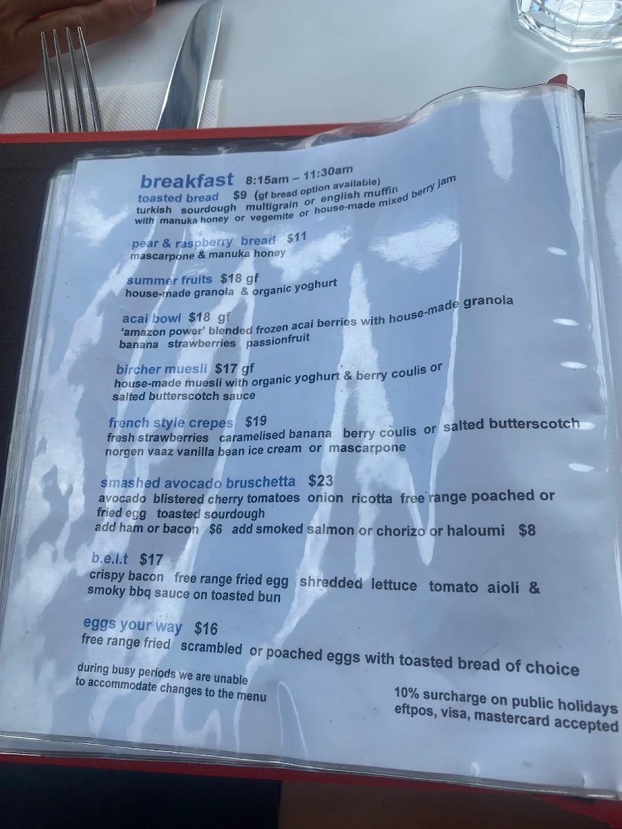 Menu, Pavilion Beachfront