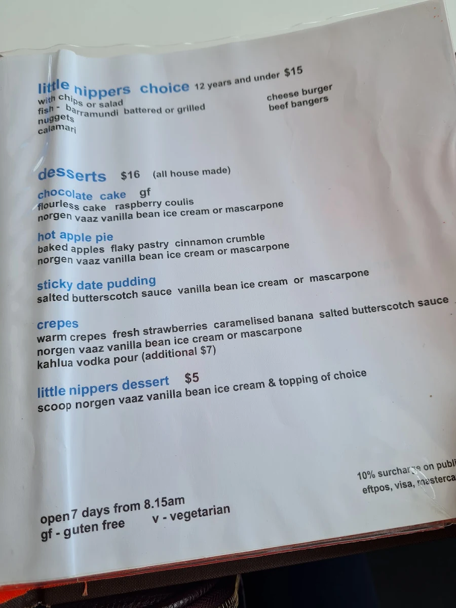 Menu, Pavilion Beachfront