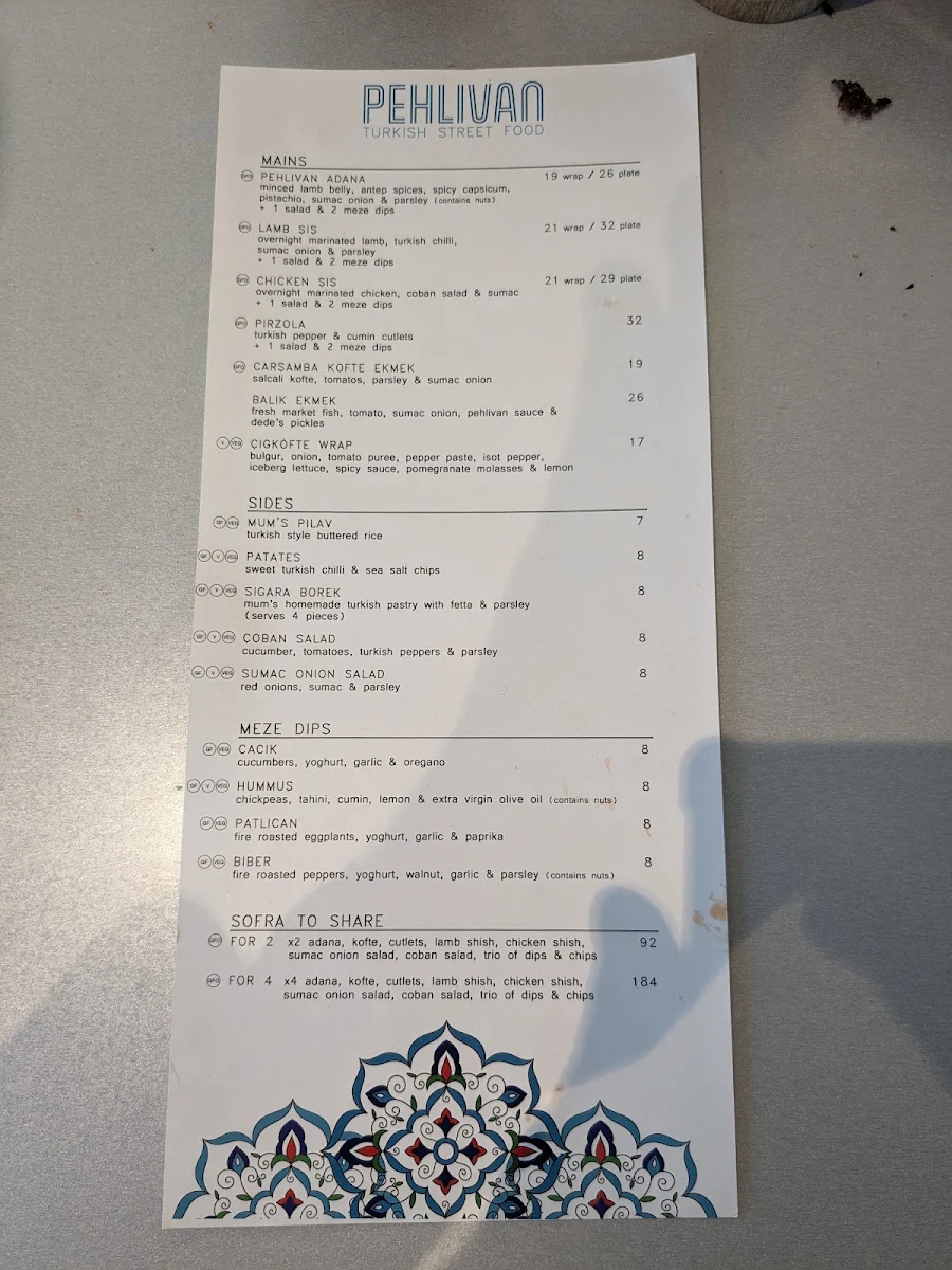 Menu, Pehlivan Turkish Street Food