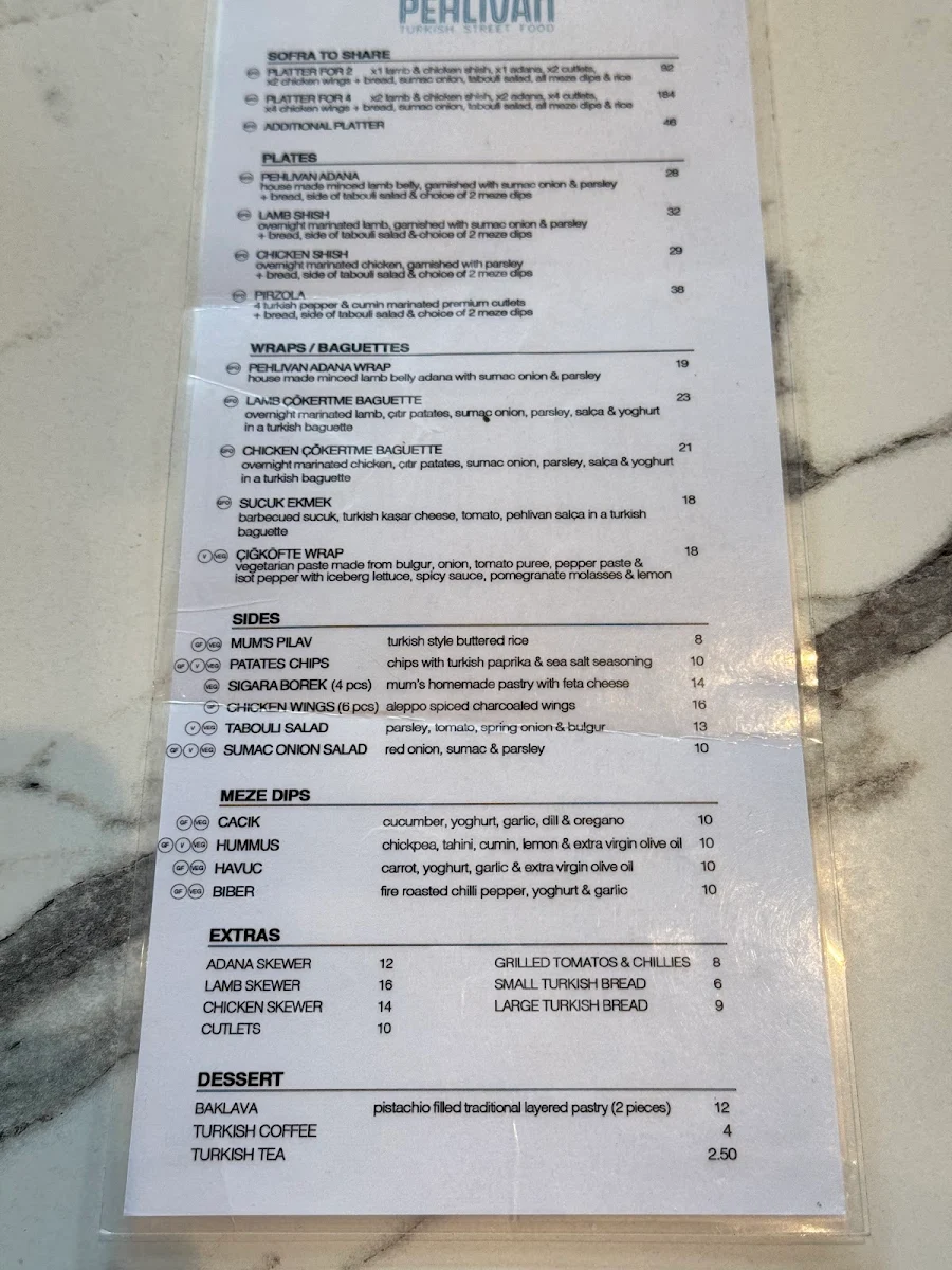 Menu, Pehlivan Turkish Street Food